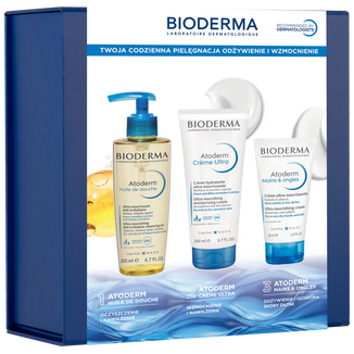 Zestaw Bioderma XMASS Atoderm, krem nawilżający do ciała, 200 ml + nawilżający olejek do kąpieli i pod prysznic, 200 ml + naprawczo-kojąca pielęgnacja skóry dłoni, 50 ml - zdjęcie produktu