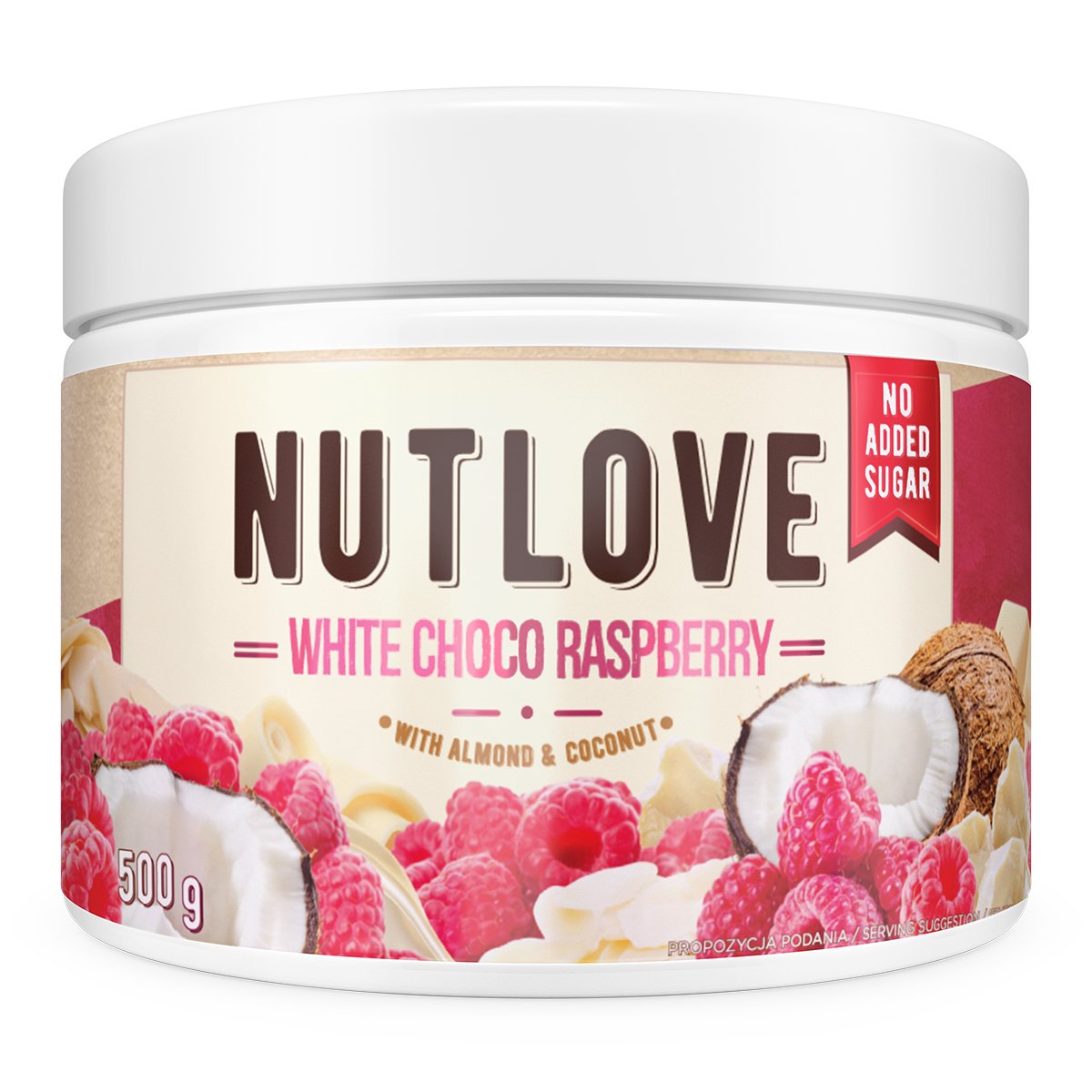 Allnutrition Allnutrition Nutlove White Choco Raspberry, krem na bazie białej czekolady z wiórkami kokosowymi, migdałami i maliną, bez dodatku cukru, 500 g