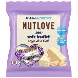 Allnutrition Nutlove Śnieżka Michałki Białe, cukierki z orzeszkami arachidowymi w białej polewie, bez dodatku cukru, 200 g KRÓTKA DATA - zdjęcie produktu