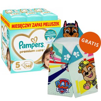 Pampers Premium Care 5 (11-16 kg), pieluchy, 148 sztuk + ręcznik-pelerynka Psi Patrol gratis - zdjęcie produktu