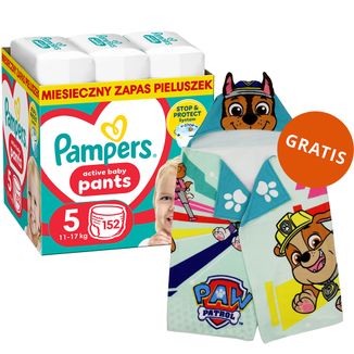 Pampers Active Baby Pants 5 (12-17 kg), pieluchomajtki, 152 sztuki + ręcznik-pelerynka Psi Patrol gratis - zdjęcie produktu