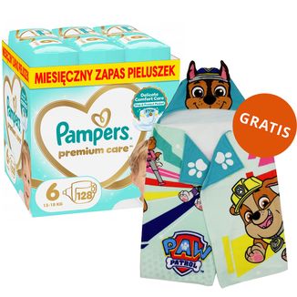 Pampers Premium Care 6 (13-18 kg), pieluchy, 128 sztuk + ręcznik-pelerynka Psi Patrol gratis Pampers Premium Care 6 (13-18 kg), pieluchy, 128 sztuk + ręcznik-pelerynka Psi Patrol gratis - zdjęcie produktu