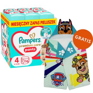 Pampers Premium Care Pants 4 (9-15 kg), pieluchomajtki, 114 sztuk + ręcznik-pelerynka Psi Patrol gratis - zdjęcie produktu