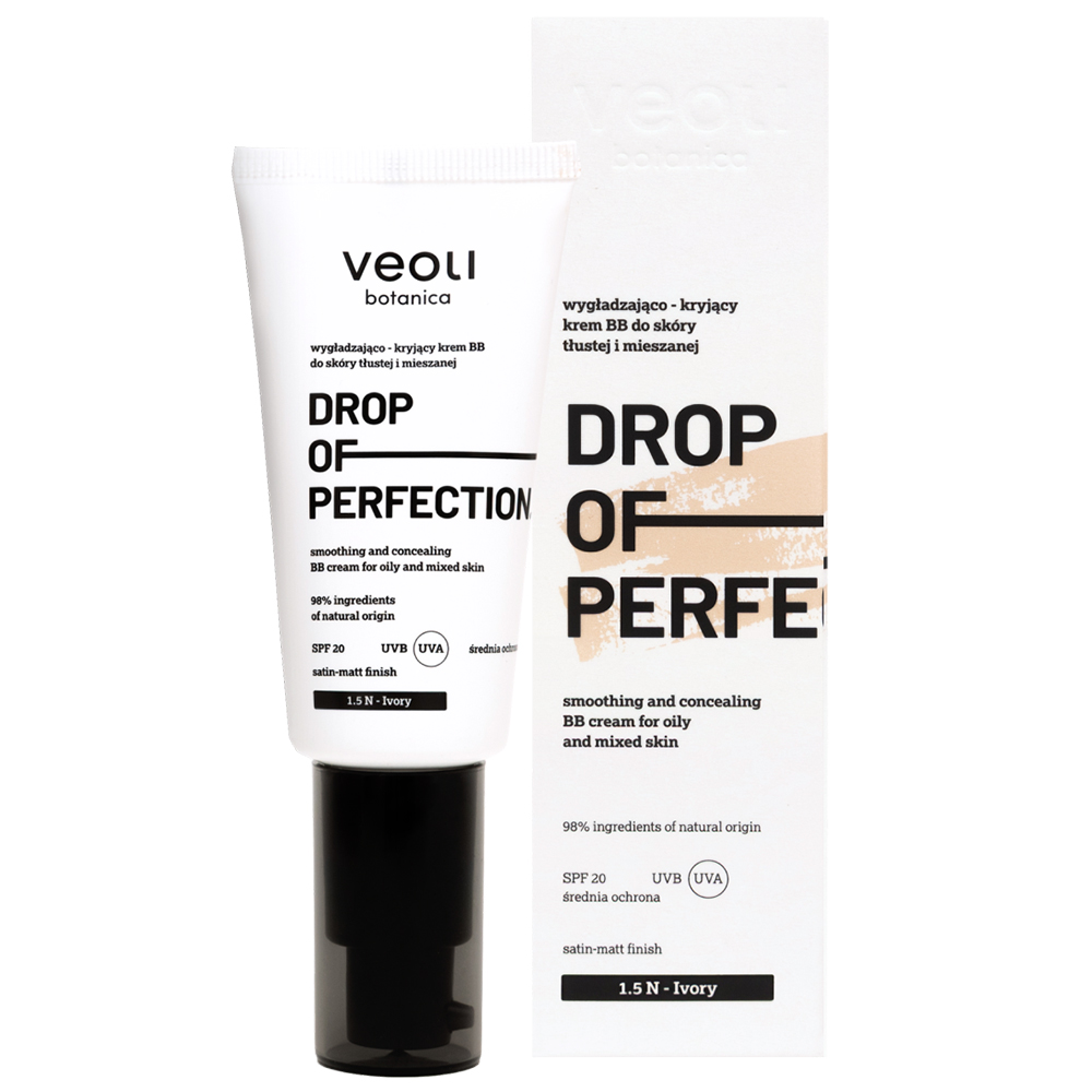 Nieznana Veoli Botanica Drop of Perfection, wygładzająco-kryjący krem BB do skóry tłustej i mieszanej, SPF 20, 1.5 N Ivory, 30 ml