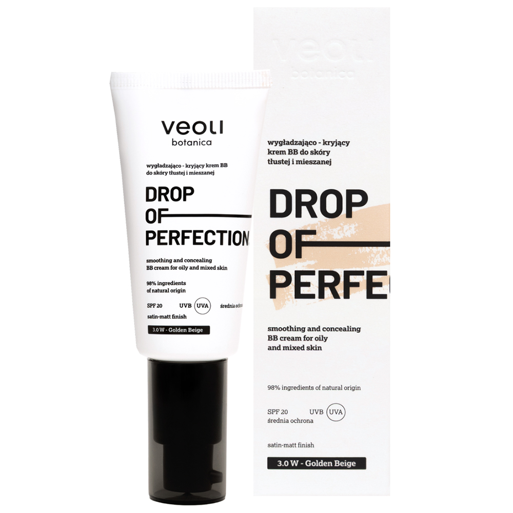 Nieznana Veoli Botanica Drop of Perfection, wygładzająco-kryjący krem BB do skóry tłustej i mieszanej, SPF 20, 3.0 W Golden Beige, 30 ml