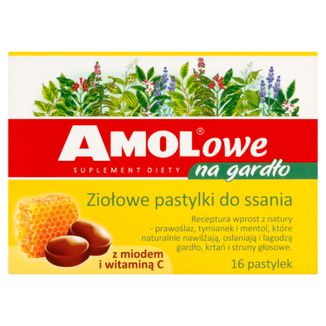 AMOLowe na Gardło, ziołowe pastylki do ssania z miodem i witaminą C, 16 pastylek do ssania AMOLowe na Gardło, ziołowe pastylki do ssania z miodem i witaminą C, 16 pastylek do ssania - zdjęcie produktu