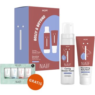 Zestaw Naif Mom Belly & Beyond, balsam na rozstępy, 150 ml + pianka pod prysznic, 200 ml + mini zestaw podróżny Baby&Kids, 4 x 15 ml gratis - zdjęcie produktu