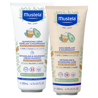 Zestaw Mustela, odżywczy szampon ułatwiający rozczesywanie, włosy długie, kręcone, falowane, od 1 dnia życia, 200 ml + odżywka ułatwiająca rozczesywanie włosów, 200 ml - zdjęcie produktu