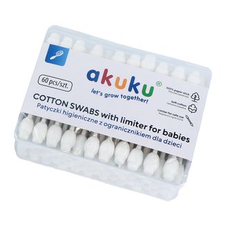 Akuku, patyczki higieniczne do uszu z ogranicznikiem dla dzieci i niemowląt, 60 sztuk - zdjęcie produktu