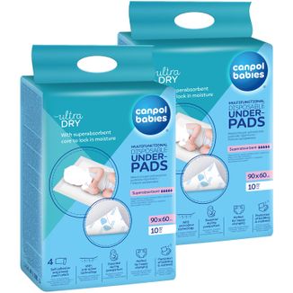 Zestaw Canpol Babies, wielofunkcyjnie podkłady higieniczne, jednorazowe, z paskami samoprzylepnymi, 90 cm x 60 cm, 2 x 10 sztuk Zestaw Canpol Babies, wielofunkcyjnie podkłady higieniczne, jednorazowe, z paskami samoprzylepnymi, 90 cm x 60 cm, 2 x 10 sztuk - zdjęcie produktu