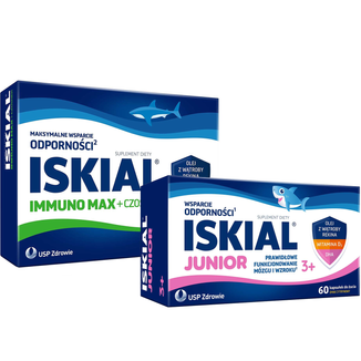 Zestaw Iskial Max + Czosnek, dla dzieci powyżej 6 lat i dorosłych, 120 kapsułek + Iskial Junior, powyżej 3 lat, smak cytrynowy, 60 kapsułek do żucia - zdjęcie produktu