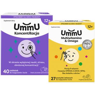 Zestaw UmmU KoncentRacja, dla dzieci od 12 lat, 40 tabletek + Multiwitamina & Omega, dla dzieci od 12 lat, 27 pastylek do żucia Zestaw UmmU KoncentRacja, dla dzieci od 12 lat, 40 tabletek + Multiwitamina & Omega, dla dzieci od 12 lat, 27 pastylek do żucia - zdjęcie produktu