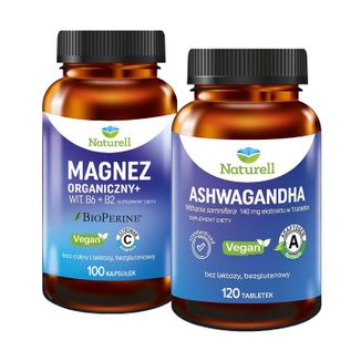 Zestaw Naturell Magnez Organiczny+, 100 kapsułek + Ashwagandha, 120 tabletek - zdjęcie produktu
