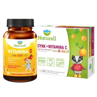 Zestaw Naturell Witamina D dla dzieci powyżej 3 lat, smak waniliowo-truskawkowy, 180 tabletek + Cynk + Witamina C dla dzieci, smak pomarańczowy, 60 tabletek Zestaw Naturell Witamina D dla dzieci powyżej 3 lat, smak waniliowo-truskawkowy, 180 tabletek + Cynk + Witamina C dla dzieci, smak pomarańczowy, 60 tabletek - zdjęcie produktu