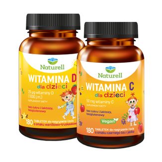 Zestaw Naturell Witamina D dla dzieci powyżej 3 lat, smak waniliowo-truskawkowy, 180 tabletek + Witamina C dla dzieci powyżej 3 lat, smak czarnego bzu i jabłka, 180 tabletek - zdjęcie produktu
