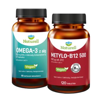 Zestaw Naturell Omega-3 z Alg, 90 kapsułek wegańskich + Metylo-B12 500, 120 tabletek - zdjęcie produktu