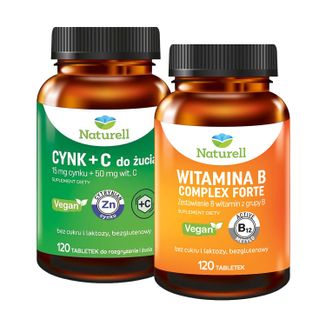 Zestaw Naturell Cynk + C, 120 tabletek do rozgryzania i żucia + Witamina B Complex Forte, 120 tabletek Zestaw Naturell Cynk + C, 120 tabletek do rozgryzania i żucia + Witamina B Complex Forte, 120 tabletek - zdjęcie produktu