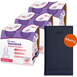 Zestaw Nutridrink Protein Omega 3, preparat odżywczy, rześki smak truskawkowo-malinowy, 12 x 125 ml + kalendarz książkowy na 2026 rok gratis - zdjęcie produktu