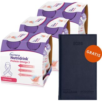 Zestaw Nutridrink Protein Omega 3, preparat odżywczy, rześki smak mango-brzoskwinia, 12 x 125 ml + kalendarz książkowy na 2026 rok gratis - zdjęcie produktu