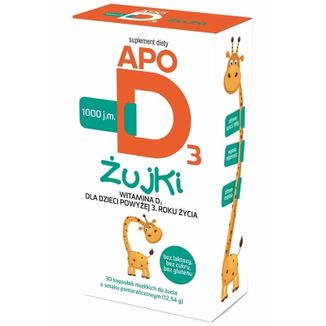 ApoD3 Żujki 1000 j.m., dla dzieci od 3 lat, smak pomarańczowy, 30 kapsułek do żucia USZKODZONE OPAKOWANIE - zdjęcie produktu
