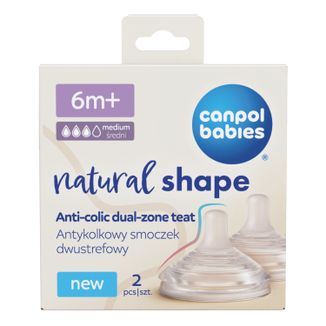 Canpol Babies, smoczek silikonowy do butelki Natural Shape, antykolkowy, dwustrefowy, od 6 miesiąca, 2 sztuki - zdjęcie produktu