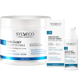 Zestaw Sylveco Dermo Skóra Sucha, nawilżający balsam do ciała, 300 ml + nawilżający krem do twarzy na dzień, SPF 50, 50 ml - zdjęcie produktu