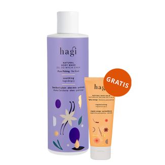 Hagi Na Śliwki, naturalny żel do mycia ciała, łagodzący, 300 ml + Korzenna Pomarańcza, naturalny balsam do ciała, regenerujący, 75 ml gratis Hagi Na Śliwki, naturalny żel do mycia ciała, łagodzący, 300 ml + Korzenna Pomarańcza, naturalny balsam do ciała, regenerujący, 75 ml gratis - zdjęcie produktu