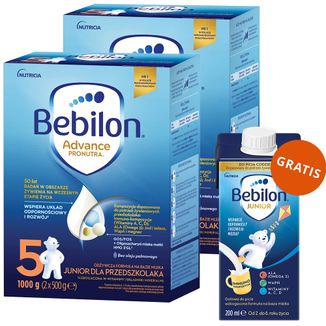 Zestaw Bebilon Advance Pronutra 5 Junior, odżywcza formuła na bazie mleka, dla przedszkolaka, 2 x 1000 g + wzbogacona formuła na bazie mleka dla dzieci 2-6 lat, 200 ml gratis - zdjęcie produktu