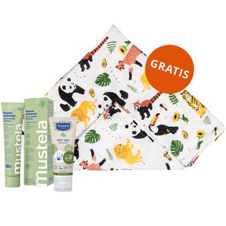 Zestaw Mustela Bio, multifunkcyjny balsam z 3 ekstraktami z awokado, 75 ml + krem do przewijania, 75 ml + pieluszka bambusowa, 65 x 65 cm, safari, 1 sztuka gratis - zdjęcie produktu
