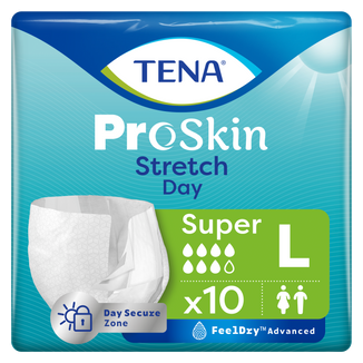 Tena Stretch ProSkin Super Day, pieluchomajtki, rozmiar L, 103-140 cm, 10 sztuk - zdjęcie produktu