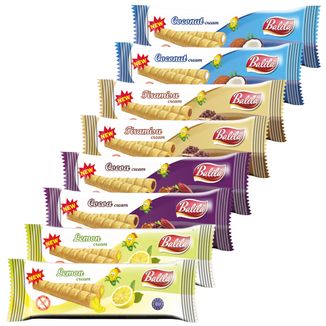 Zestaw Balila, rurki kukurydziane z kremem o smaku kokosowym, bezglutenowe, 2 x 18 g + smak tiramisu, 2 x 18 g + smak kakaowy, 2 x 18 g + smak cytrynowy, 2 x 18 g - zdjęcie produktu