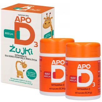 Zestaw ApoD3 Żujki, witamina D3 800 j.m. dla dzieci powyżej 3 roku, smak pomarańczowy, 30 kapsułek miękkich do żucia + ApoD3 Max 4000 j.m., 2 x 60 kapsułek - zdjęcie produktu