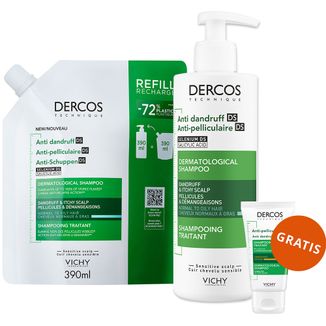 Zestaw Vichy Dercos Anti Dandruff DS, szampon przeciwłupieżowy, włosy normalne i przetłuszczające się, 390 ml + zapas, 390 ml + 50 ml gratis - zdjęcie produktu