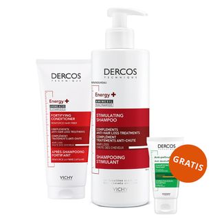 Zestaw Vichy Dercos Energy+, szampon wzmacniający włosy, 400 ml + wzmacniająca odżywka do włosów, 200 ml + szampon przeciwłupieżowy, 50 ml gratis Zestaw Vichy Dercos Energy+, szampon wzmacniający włosy, 400 ml + wzmacniająca odżywka do włosów, 200 ml + szampon przeciwłupieżowy, 50 ml gratis - zdjęcie produktu