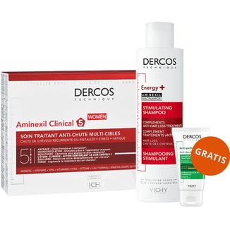 Zestaw Vichy Dercos Aminexil Clinical 5, kuracja przeciw wypadaniu włosów, dla kobiet, 6 ml x 21 ampułek + szampon wzmacniający włosy, 200 ml + szampon, 50 ml gratis - zdjęcie produktu