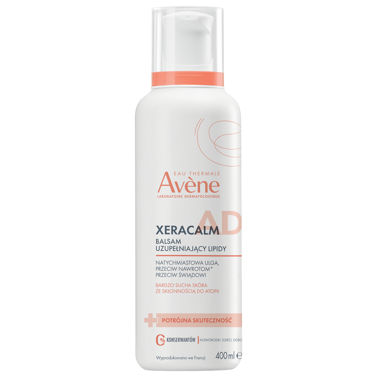 Avene Avene XeraCalm A.D, balsam uzupełniający lipidy do twarzy i ciała, skóra bardzo sucha, atopowa i swędząca, 400 ml — Składniki i ocena
