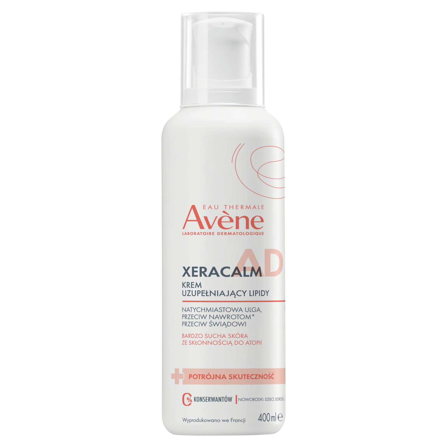 Avene Avene XeraCalm A.D, krem uzupełniający lipidy do twarzy i ciała, skóra bardzo sucha, atopowa i swędząca, 400 ml