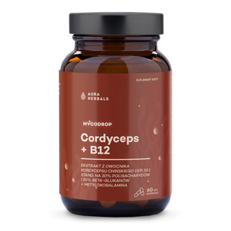 Aura Herbals Mycodrop Cordyceps 30:1 + B12, 30% beta-glukan, 60 kapsułek Aura Herbals Mycodrop Cordyceps 30:1 + B12, 30% beta-glukan, 60 kapsułek - zdjęcie produktu