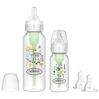 Dr Brown's Standard 1+1, zestaw startowy, butelka, 120 ml + butelka 250 ml + smoczek poziom 1, 2 sztuki + smoczek poziom 2, 2 sztuki + dysk + szczoteczka - zdjęcie produktu