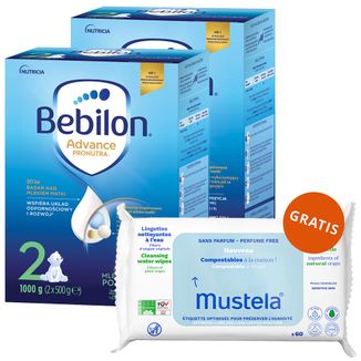 Zestaw Bebilon Advance Pronutra 2, mleko następne, powyżej 6 miesiąca, 2 x 1000 g + Mustela, chusteczki oczyszczające, 60 sztuk gratis - zdjęcie produktu