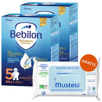 Zestaw Bebilon Advance Pronutra 5 Junior, odżywcza formuła na bazie mleka, dla przedszkolaka, 2 x 1000 g + Mustela, chusteczki oczyszczające, 60 sztuk gratis - zdjęcie produktu