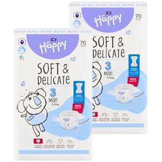 Zestaw Bella Baby Happy, pieluchy, rozmiar 3 Midi, 5-9 kg, 2 x 70 sztuk - zdjęcie produktu