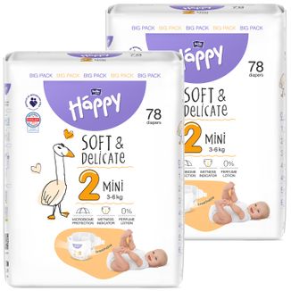 Zestaw Bella Baby Happy, pieluchy, rozmiar 2 Mini, 3-6 kg, 2 x 78 sztuk - zdjęcie produktu