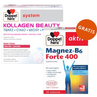 Doppelherz System Kollagen Beauty, smak malina i jagoda, 25 ml x 30 ampułek + Magnez-B6 Forte 400, 30 tabletek gratis - zdjęcie produktu