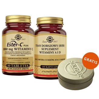 Zestaw Solgar Ester C Plus 1000 mg Witaminy C, 30 tabletek + Tran Dorszowy, 100 kapsułek + pudełeczko na suplementy gratis - zdjęcie produktu