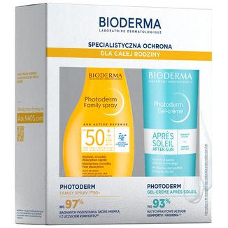 Zestaw Bioderma Photoderm Family, spray przeciwsłoneczny, SPF 50+, 300 ml + Apres Soleil, łagodzący żel-krem po opalaniu, 500 ml USZKODZONE OPAKOWANIE - zdjęcie produktu