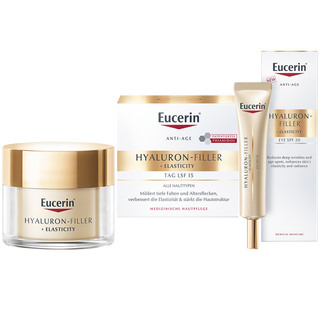 Zestaw Eucerin Hyaluron Filler + Elasticity, ujędrniający krem przeciwzmarszczkowy pod oczy, SPF 20, 15 ml + krem przeciwzmarszczkowy na dzień z Thiamidolem, SPF 15, 50 ml - zdjęcie produktu