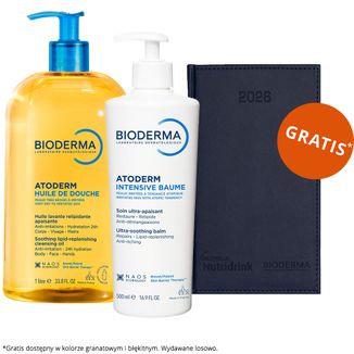 Zestaw Bioderma Atoderm Intensive Baume, kojący balsam emolientowy, od urodzenia, 500 ml + olejek do kąpieli i pod prysznic, 1 l + kalendarz książkowy na 2026 rok gratis - zdjęcie produktu