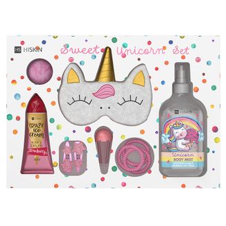 Zestaw HiSkin Kids Unicorn, mgiełka, 200 ml + krem do rąk, 60 ml + błyszczyk, 5 ml + kula do kąpieli, 15 g + spinki, 2 sztuki + gumki, 3 sztuki + opaska na oczy, 1 sztuka - zdjęcie produktu