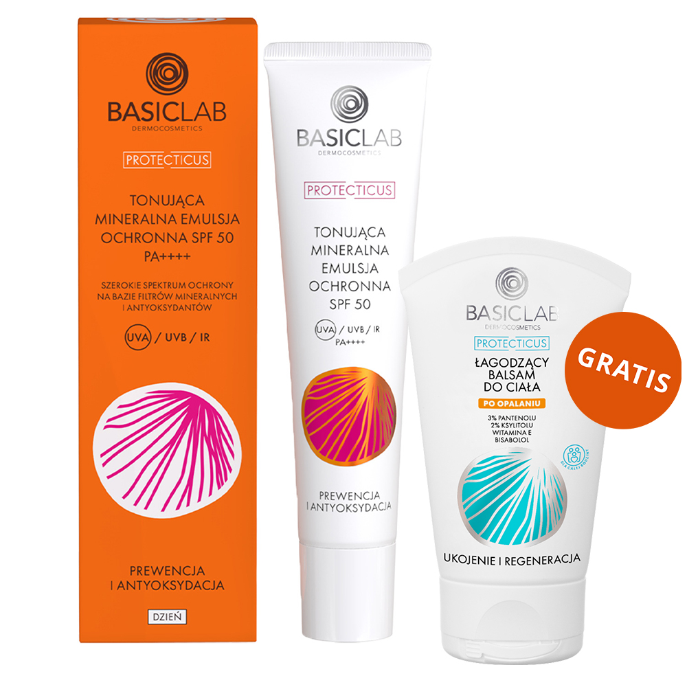 Basiclab BasicLab Protecticus, tonująca mineralna emulsja ochronna, SPF 50, 40 ml + łagodzący balsam do ciała po opalaniu, 30 ml gratis